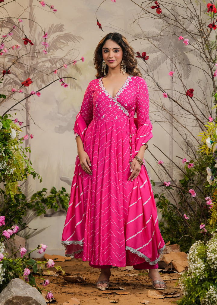 Nisa Pink Bandhej Angrakha Kurti With Pant & Dupatta