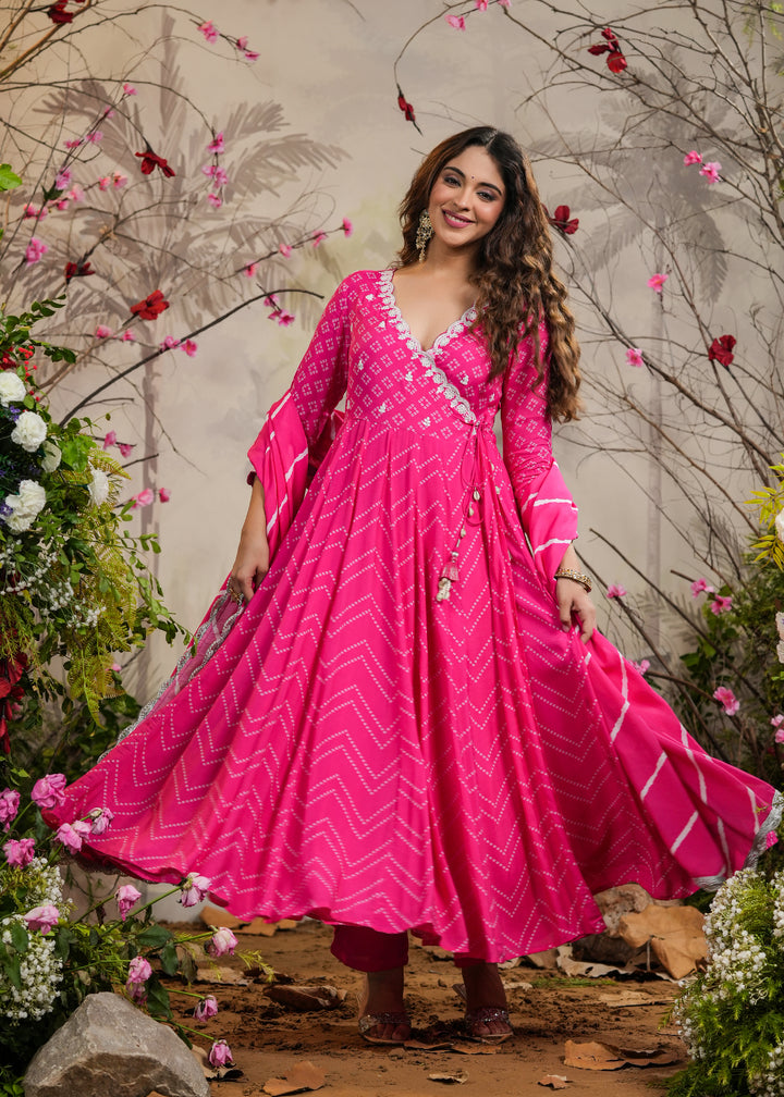 Nisa Pink Bandhej Angrakha Kurti With Pant & Dupatta