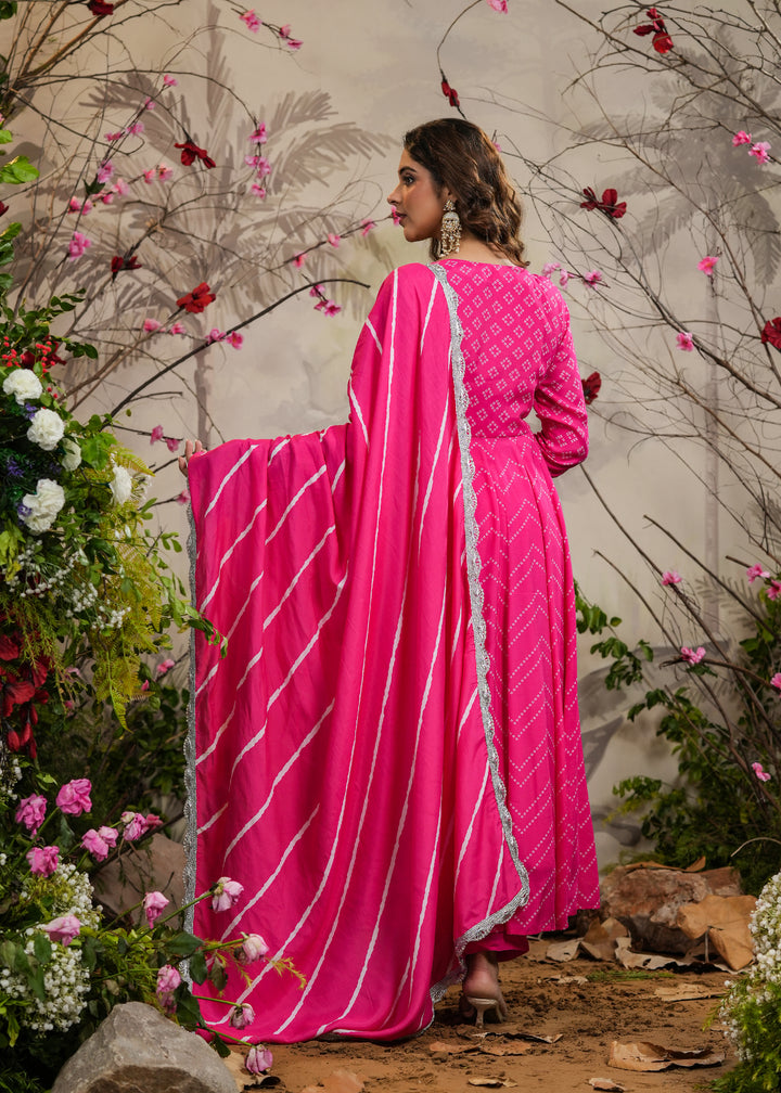 Nisa Pink Bandhej Angrakha Kurti With Pant & Dupatta