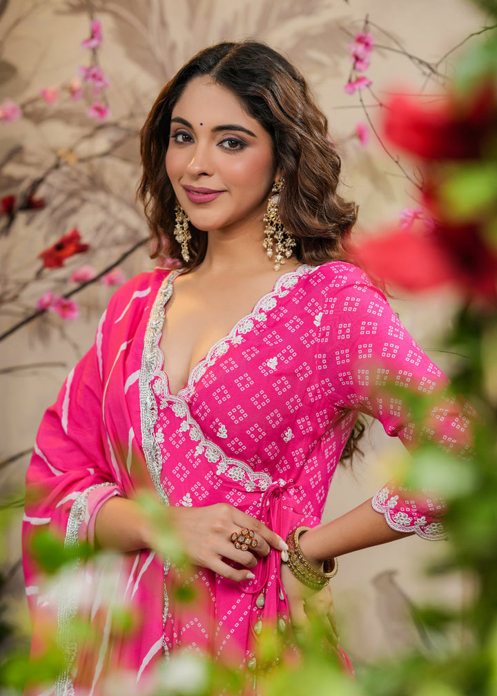 Nisa Pink Bandhej Angrakha Kurti With Pant & Dupatta