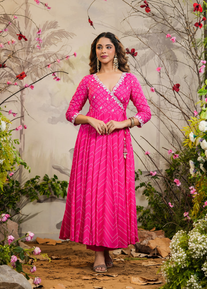 Nisa Pink Bandhej Angrakha Kurti With Pant & Dupatta