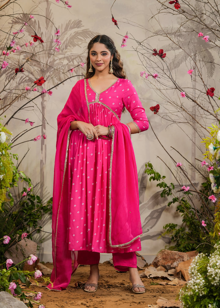 Neet Pink Bandhej Alia Cut Kurti With Pant & Dupatta