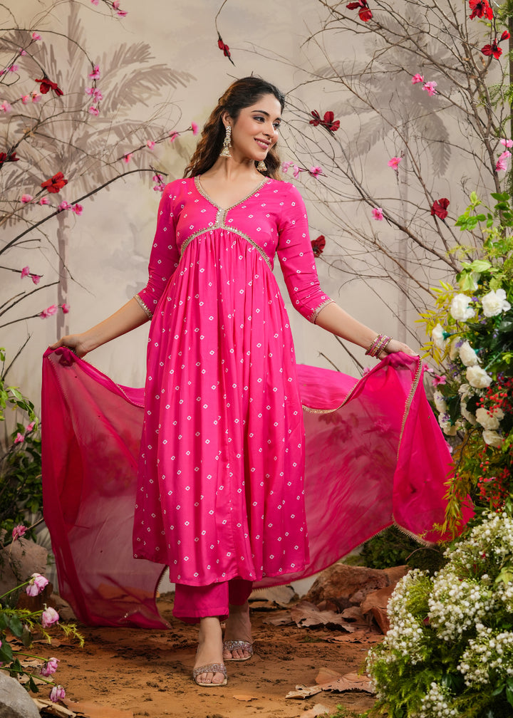 Neet Pink Bandhej Alia Cut Kurti With Pant & Dupatta