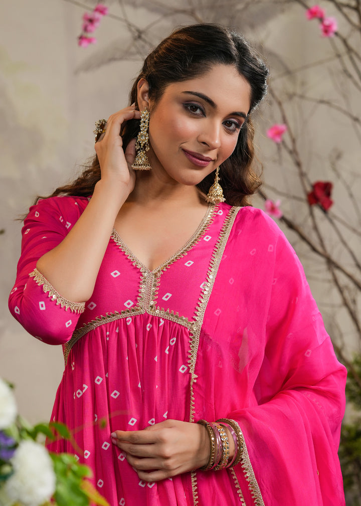 Neet Pink Bandhej Alia Cut Kurti With Pant & Dupatta