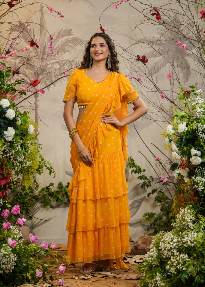 Chandni Yellow Bandhej pre-Draped Saree