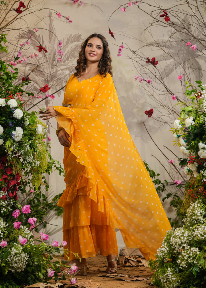 Chandni Yellow Bandhej pre-Draped Saree