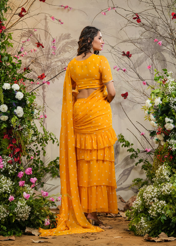 Chandni Yellow Bandhej pre-Draped Saree