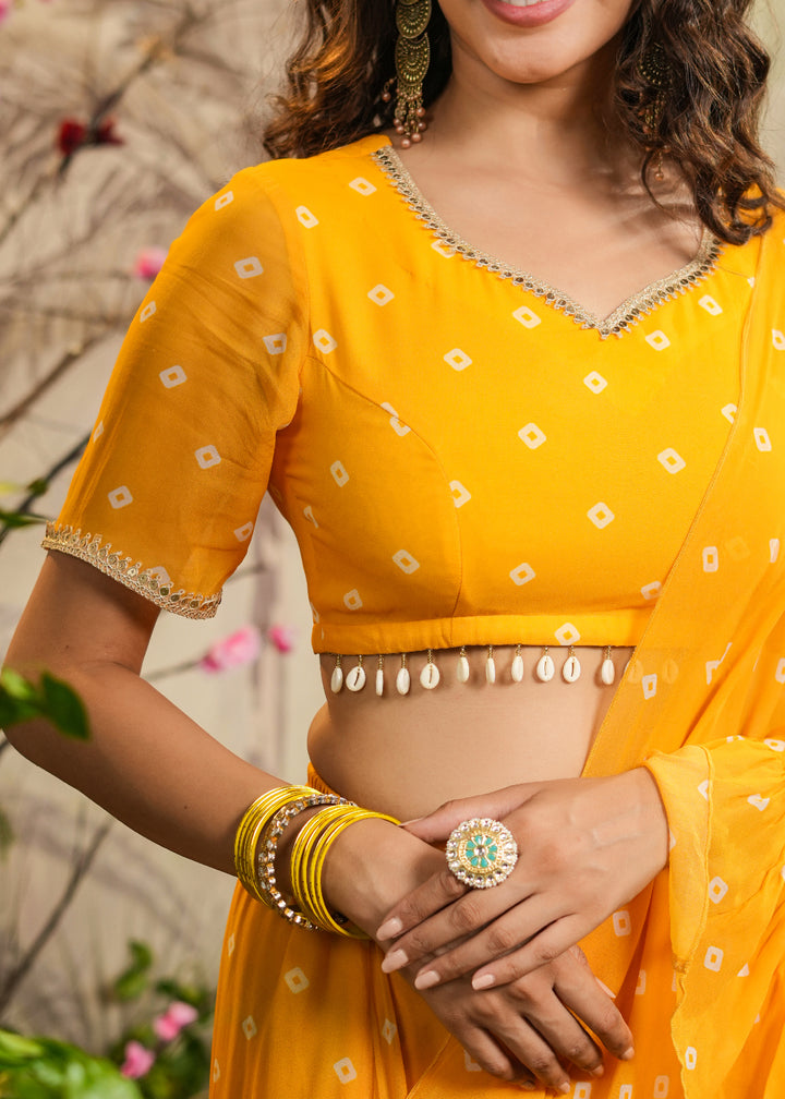 Chandni Yellow Bandhej pre-Draped Saree