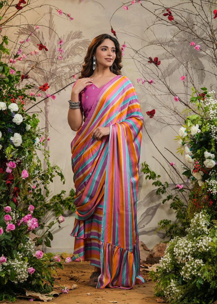 Satrangi Strips Lavender Pre-Draped Saree