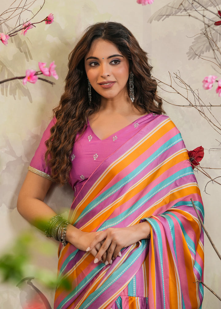 Satrangi Strips Lavender Pre-Draped Saree