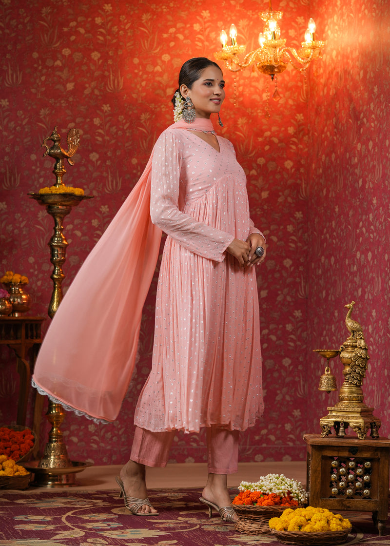 Krisha Peach Lurex Flared Kurta With Pant & Dupatta