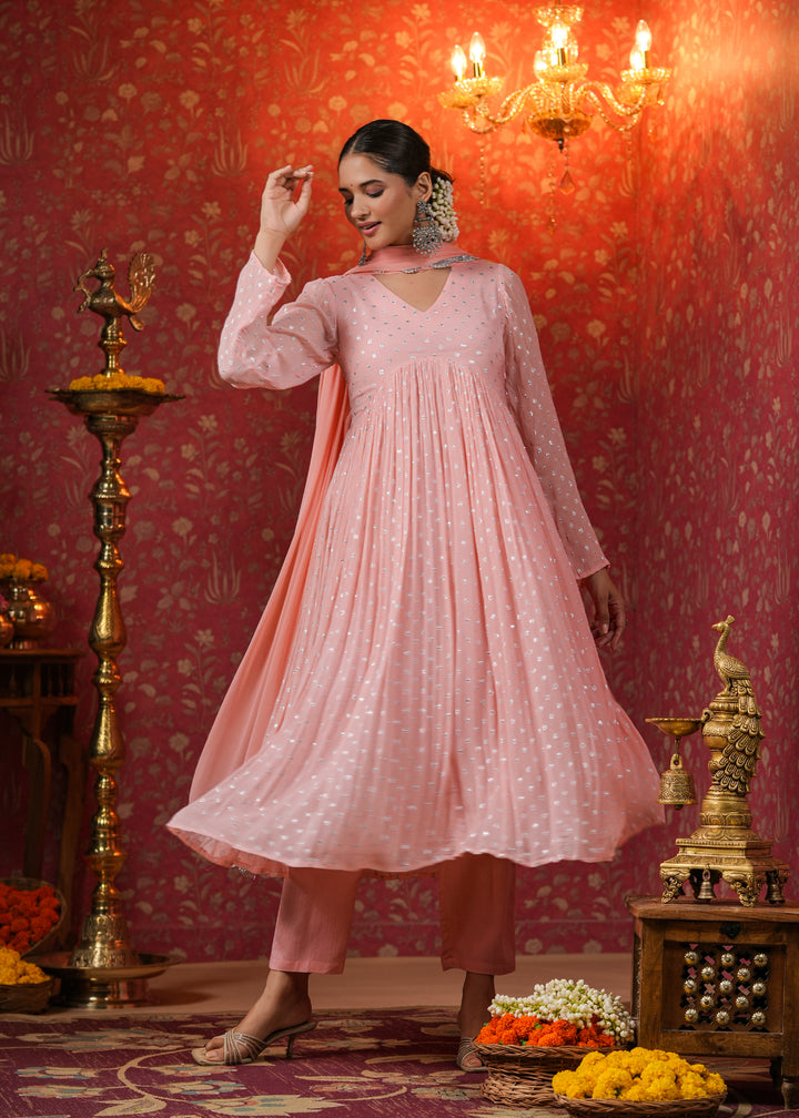 Krisha Peach Lurex Flared Kurta With Pant & Dupatta