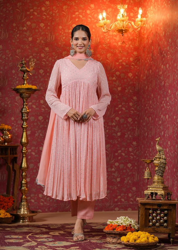 Krisha Peach Lurex Flared Kurta With Pant & Dupatta