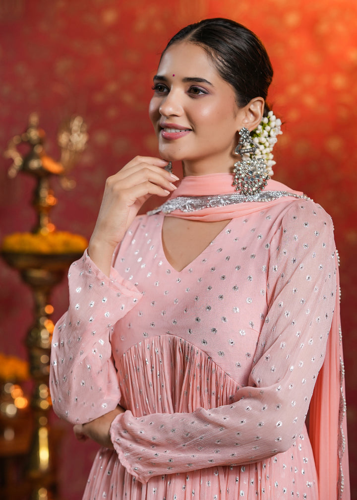 Krisha Peach Lurex Flared Kurta With Pant & Dupatta