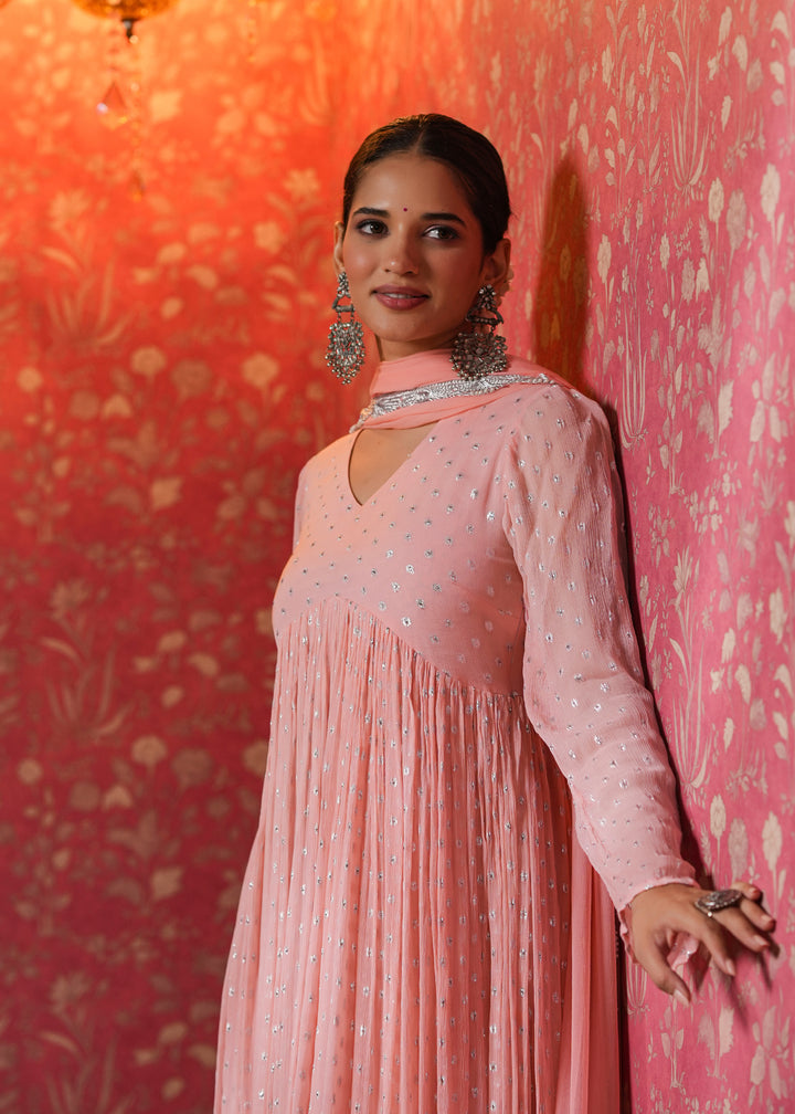 Krisha Peach Lurex Flared Kurta With Pant & Dupatta