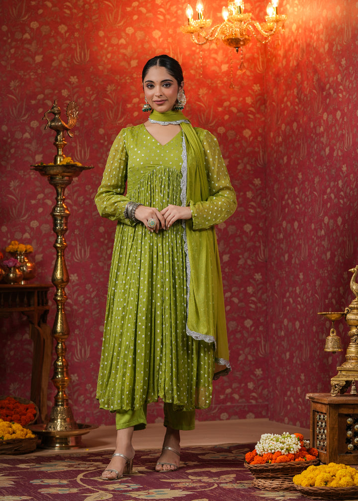 Hina Green Lurex Flared Kurta With Pant & Dupatta