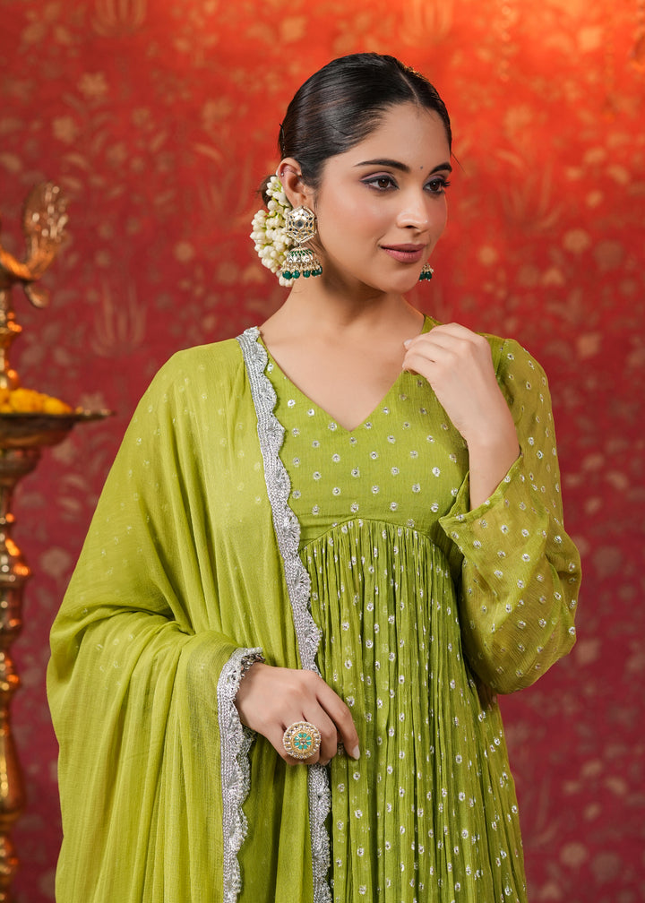 Hina Green Lurex Flared Kurta With Pant & Dupatta