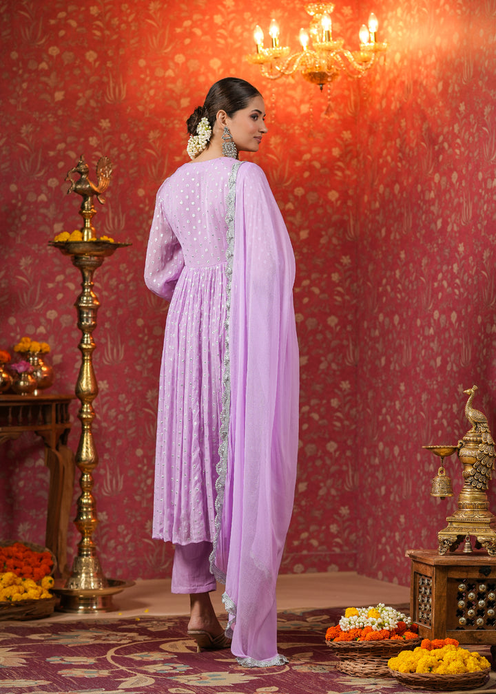 Mahira Lavender Lurex Flared Kurta With Pant & Dupatta