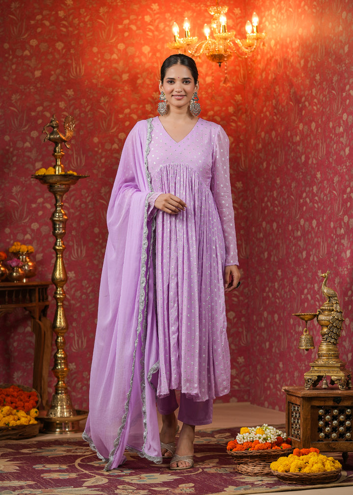 Mahira Lavender Lurex Flared Kurta With Pant & Dupatta