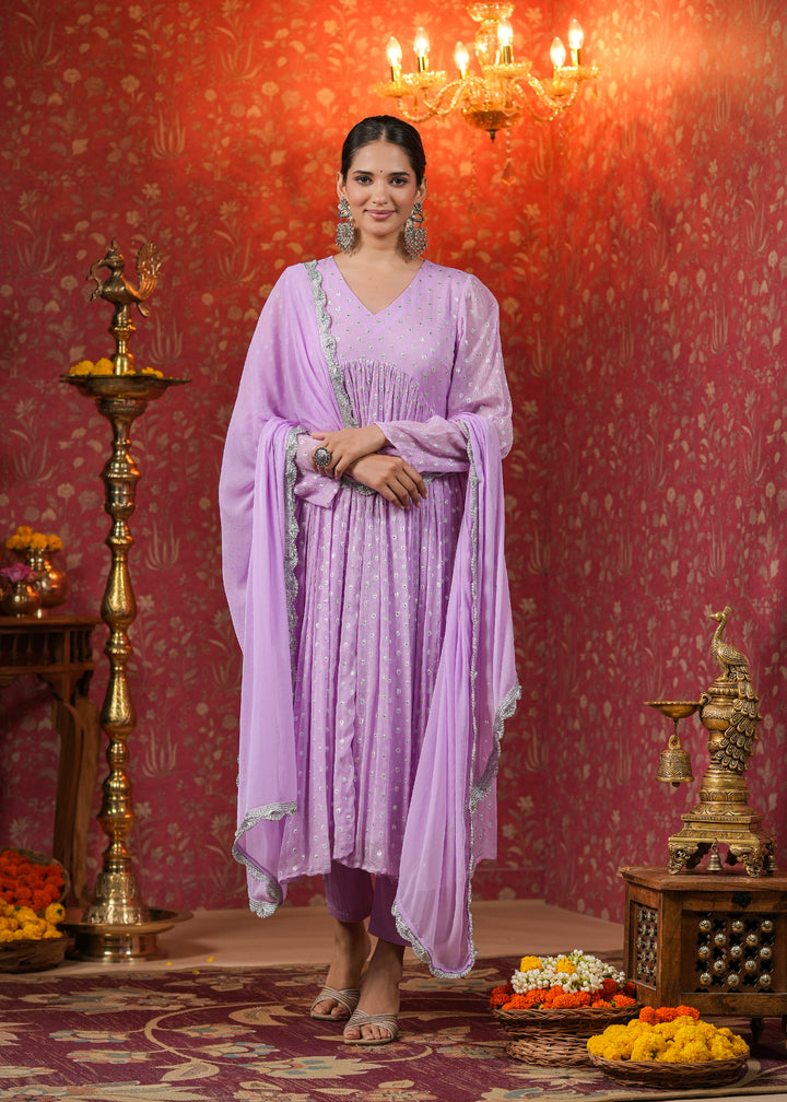 Mahira Lavender Lurex Flared Kurta With Pant & Dupatta