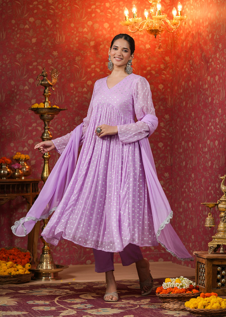 Mahira Lavender Lurex Flared Kurta With Pant & Dupatta