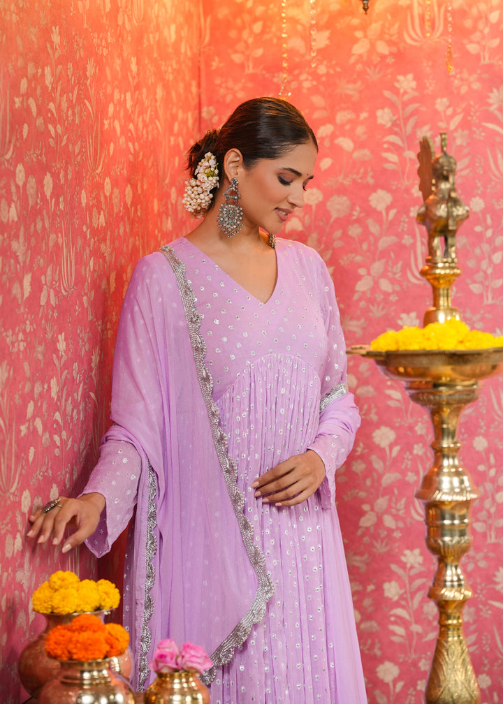 Mahira Lavender Lurex Flared Kurta With Pant & Dupatta