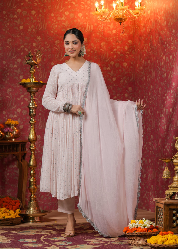 Rati Rose Gold Lurex Flared Kurta With Pant & Dupatta