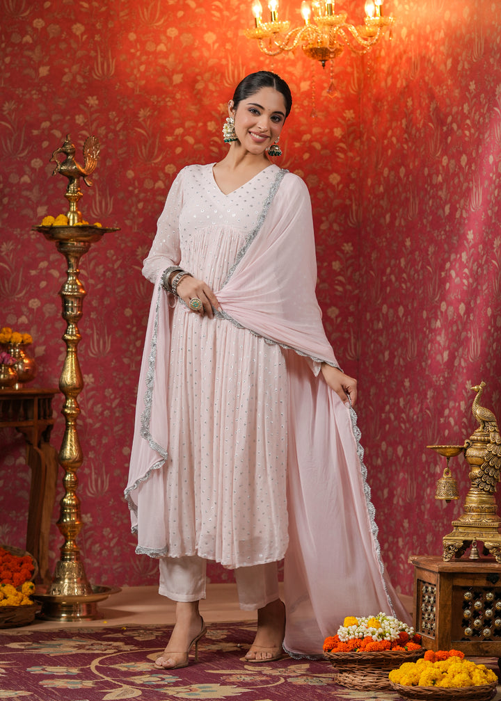 Rati Rose Gold Lurex Flared Kurta With Pant & Dupatta