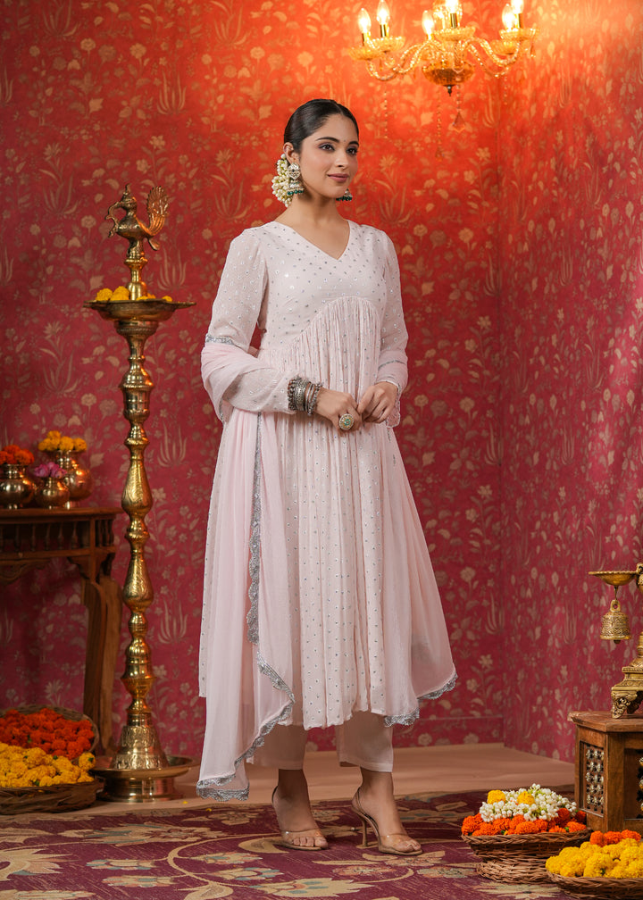 Rati Rose Gold Lurex Flared Kurta With Pant & Dupatta