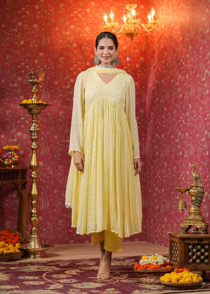 Isahni Pale Yellow Lurex Flared Kurta With Pant & Dupatta