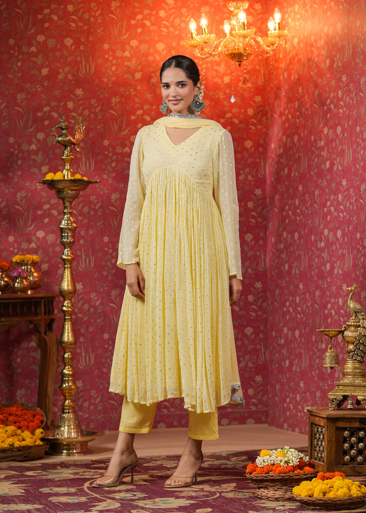 Isahni Pale Yellow Lurex Flared Kurta With Pant & Dupatta