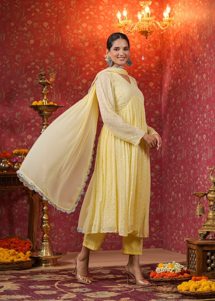 Isahni Pale Yellow Lurex Flared Kurta With Pant & Dupatta