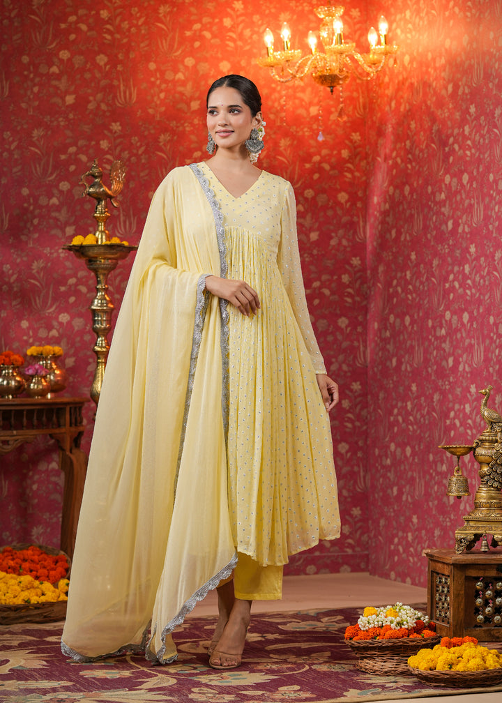 Isahni Pale Yellow Lurex Flared Kurta With Pant & Dupatta