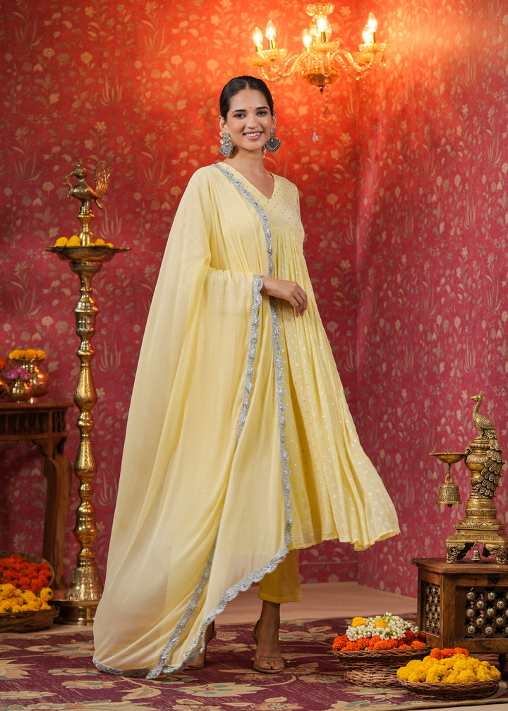 Isahni Pale Yellow Lurex Flared Kurta With Pant & Dupatta