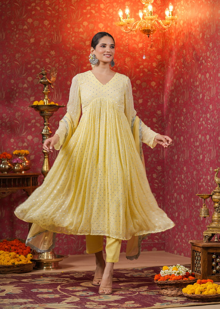 Isahni Pale Yellow Lurex Flared Kurta With Pant & Dupatta