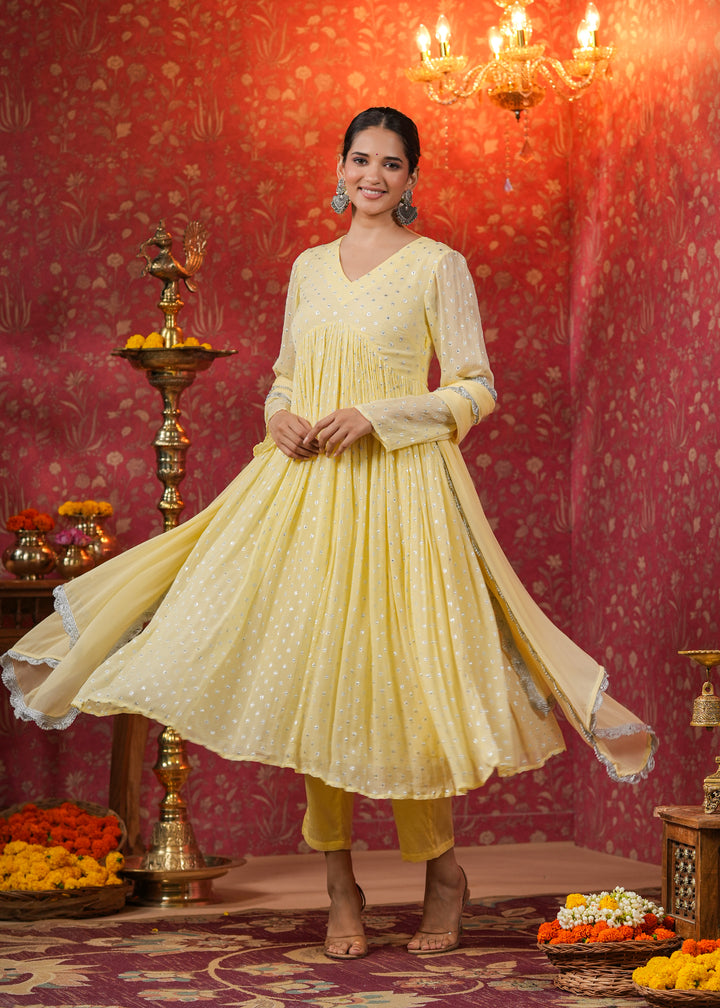 Isahni Pale Yellow Lurex Flared Kurta With Pant & Dupatta