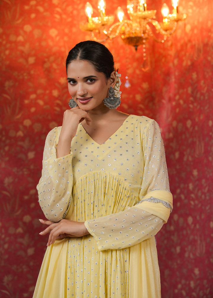 Isahni Pale Yellow Lurex Flared Kurta With Pant & Dupatta