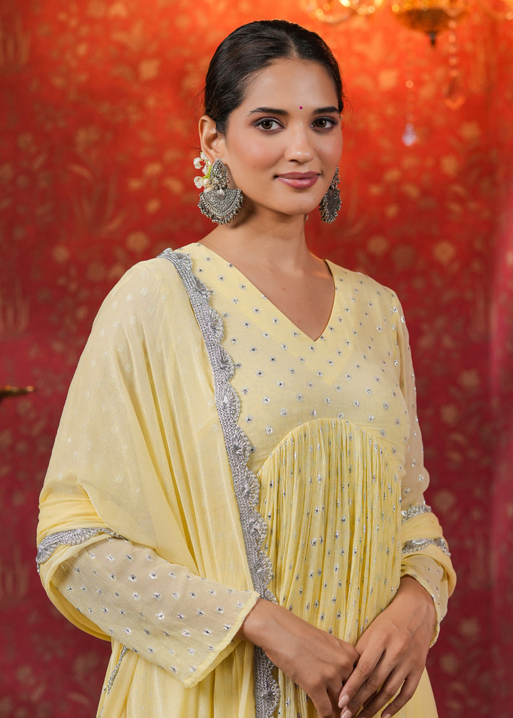 Isahni Pale Yellow Lurex Flared Kurta With Pant & Dupatta