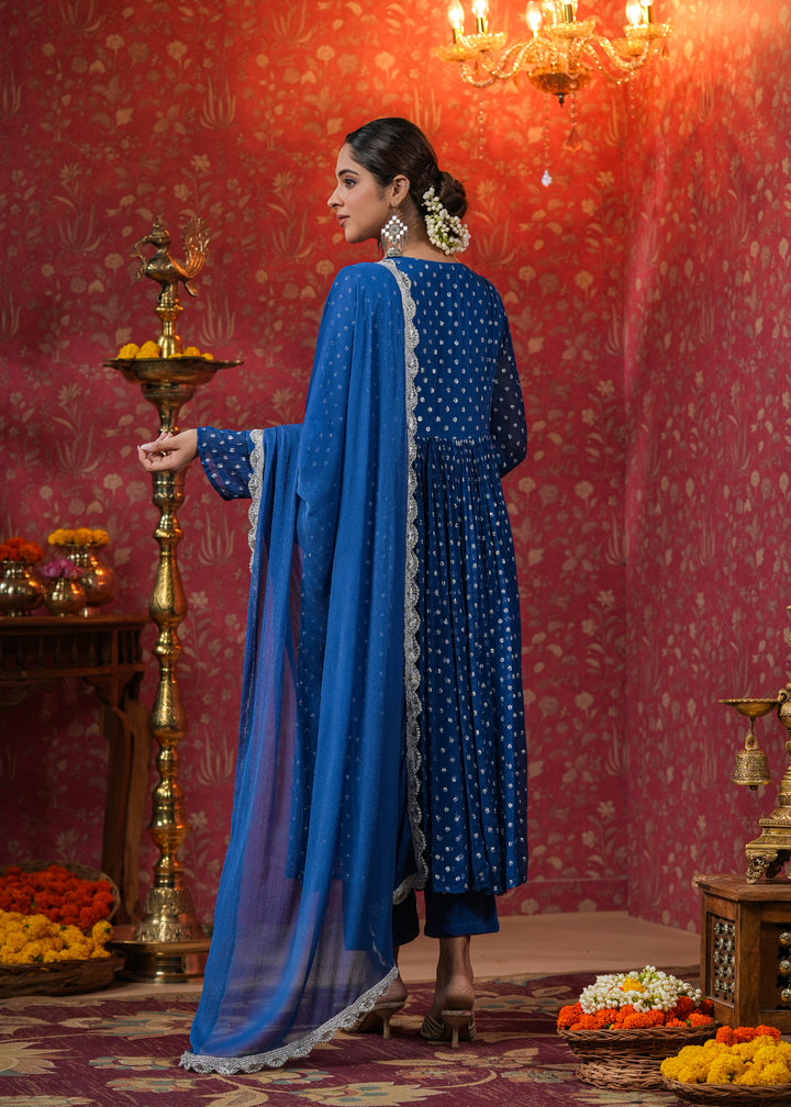 Manya Blue Lurex Flared Kurta With Pant & Dupatta