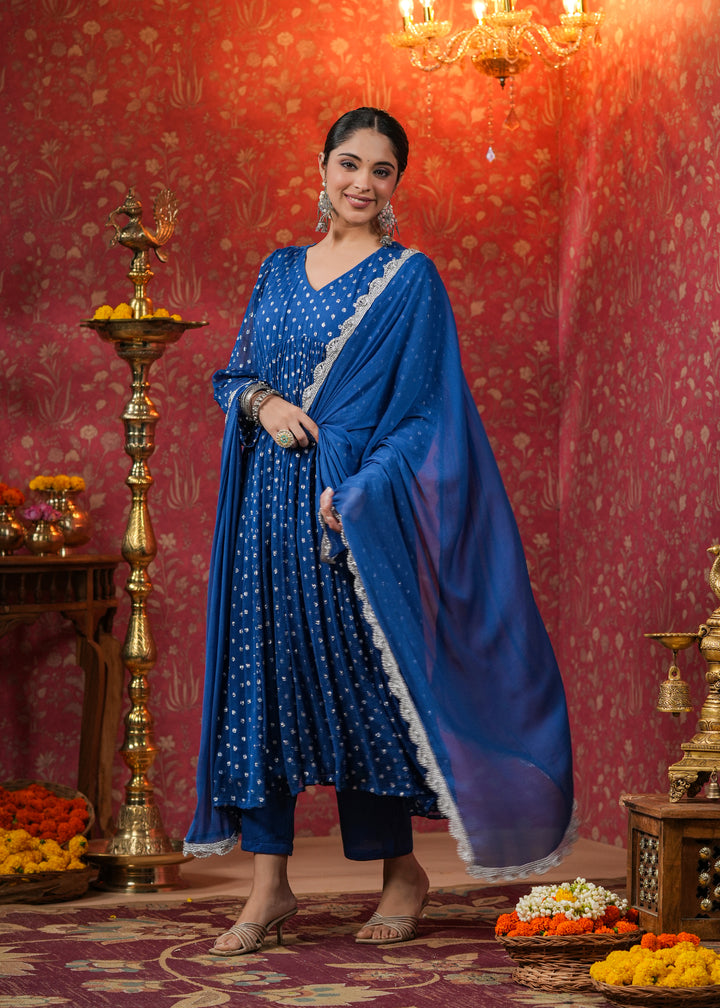 Manya Blue Lurex Flared Kurta With Pant & Dupatta