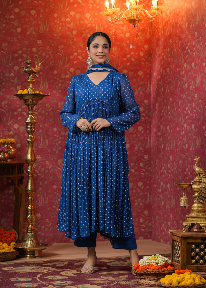 Manya Blue Lurex Flared Kurta With Pant & Dupatta