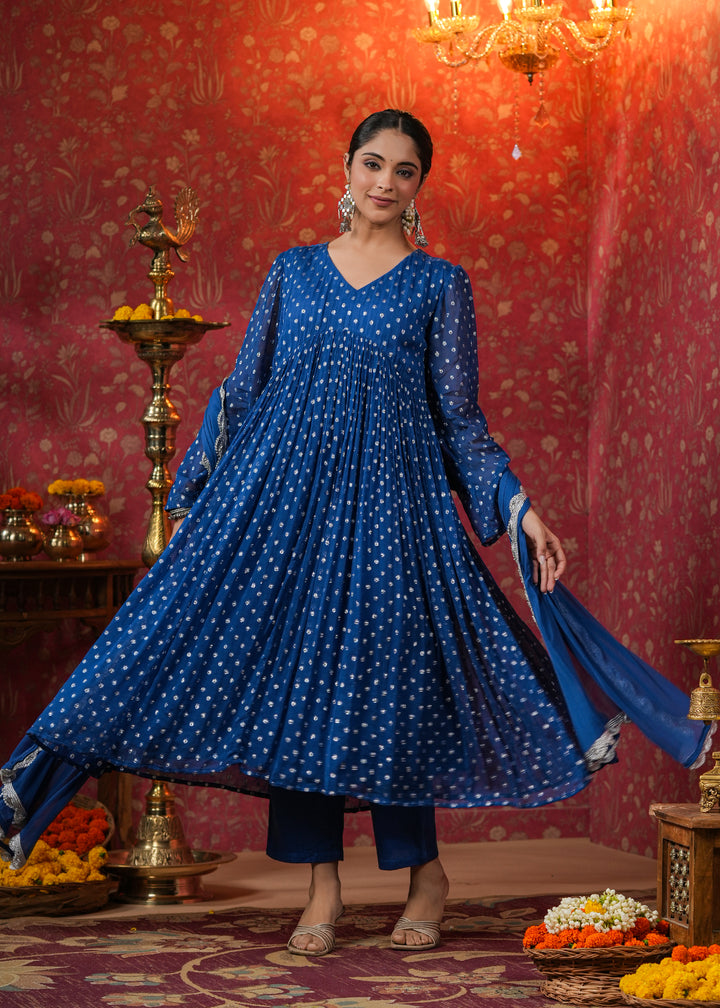 Manya Blue Lurex Flared Kurta With Pant & Dupatta