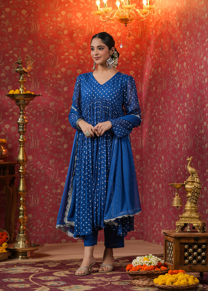 Manya Blue Lurex Flared Kurta With Pant & Dupatta