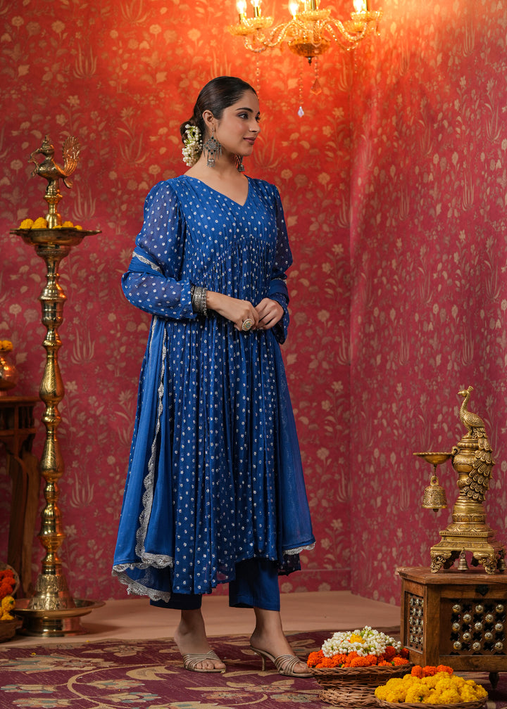 Manya Blue Lurex Flared Kurta With Pant & Dupatta