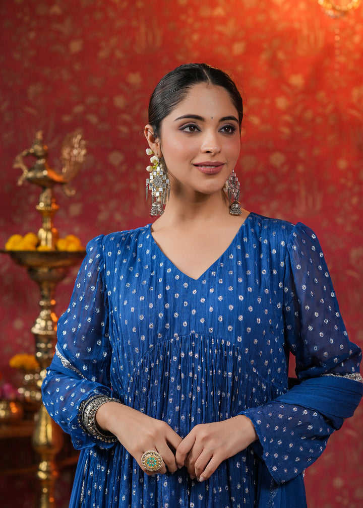 Manya Blue Lurex Flared Kurta With Pant & Dupatta