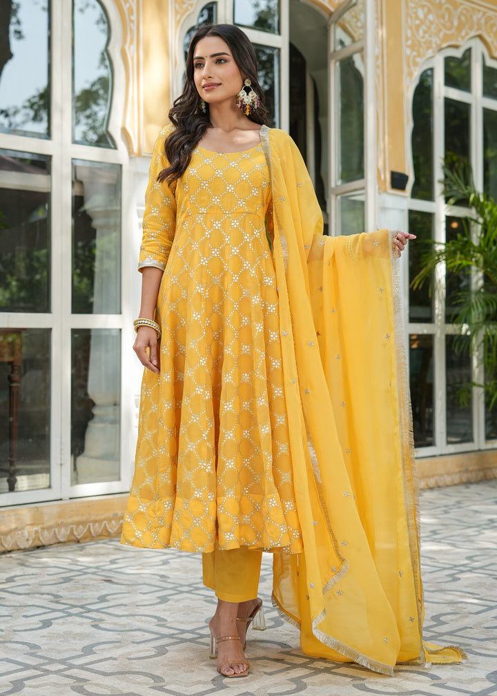 Aradhya Yellow Jacquard Anarkali Suit set with Dupatta