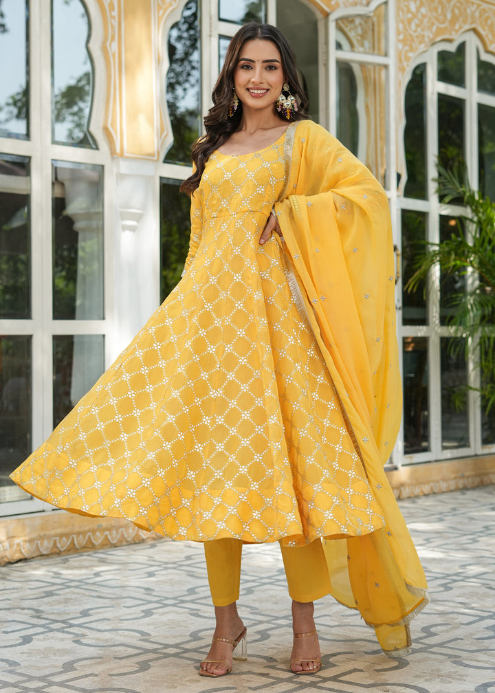 Aradhya Yellow Jacquard Anarkali Suit set with Dupatta