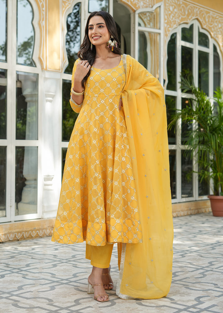 Aradhya Yellow Jacquard Anarkali Suit set with Dupatta