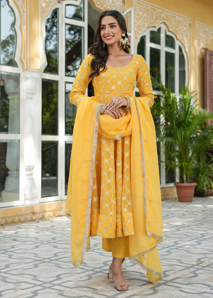 Aradhya Yellow Jacquard Anarkali Suit set with Dupatta