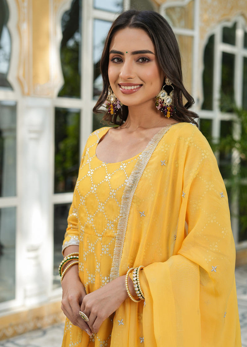 Aradhya Yellow Jacquard Anarkali Suit set with Dupatta